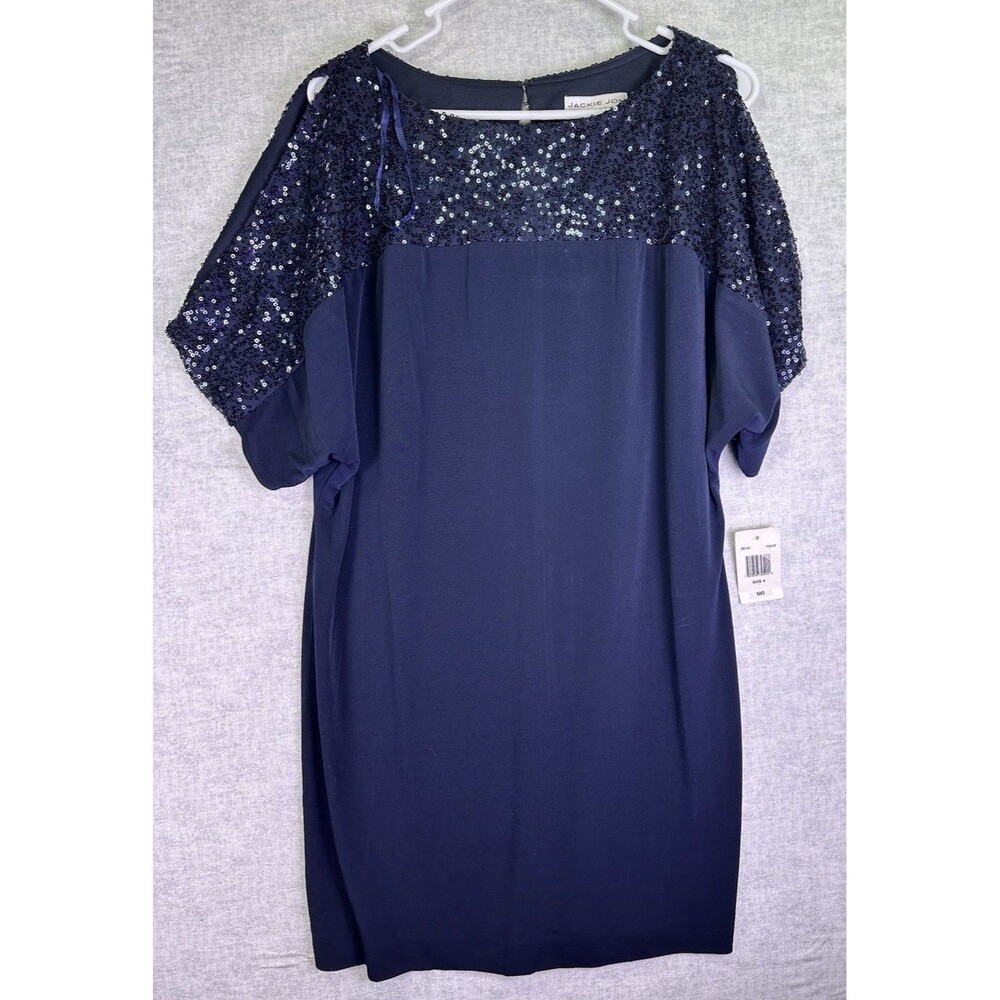 NWT Women's Jackie Jon Blue Sequined Cocktail Cold Shoulder Shift Dress Size 4